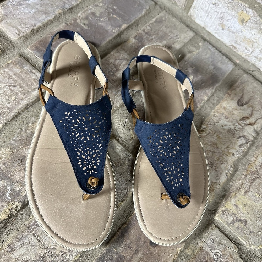 SPERRY Women's CALLA JADE NAVY Lazer-Cut Leather Thong Top-sider Sandals 10